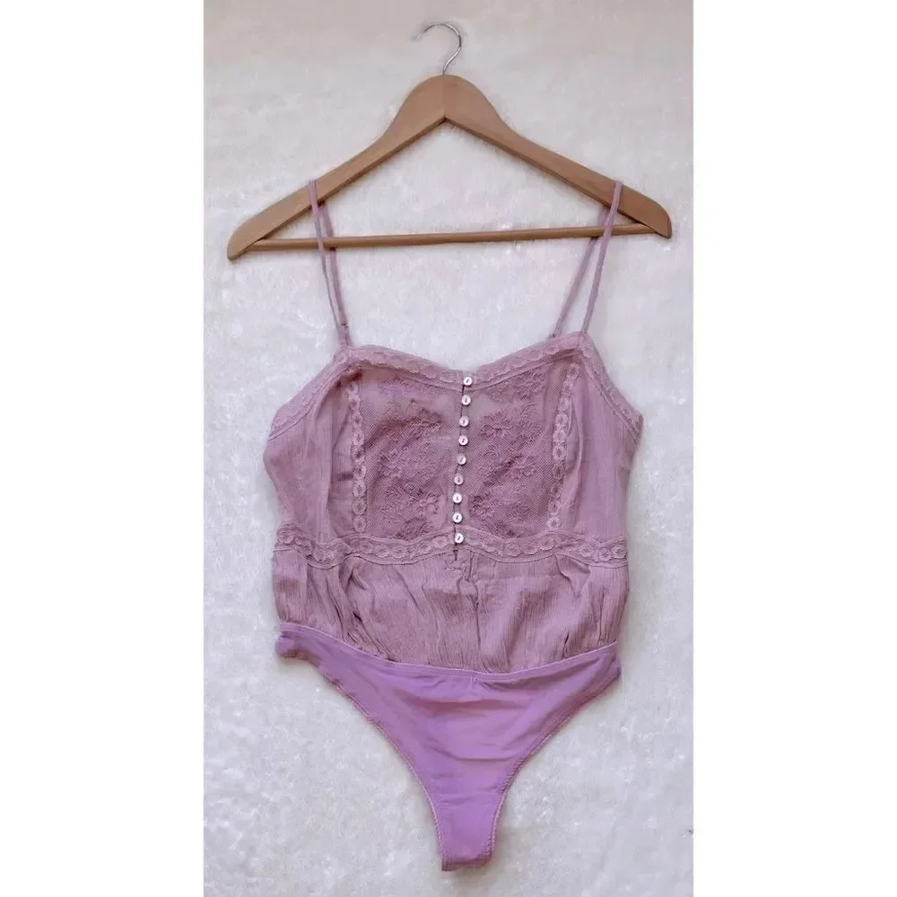 NWT Free People Still the One Lace Trim Cotton Bodysuit in La Fleur, Size XS